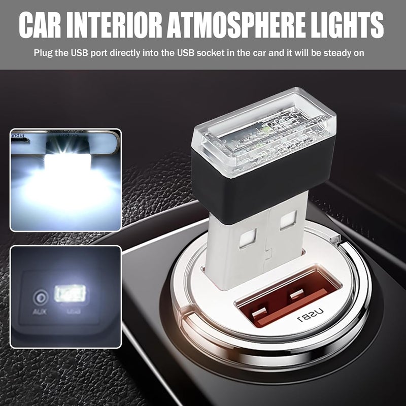 Hbxdeco 4 PCS USB LED Car Interior Atmosphere Lamp, Portable Mini Auto LED Decor Night Light, Plug-in USB Interface Ambient Lighting Kit, Universal Car Interior Accessories(White) - Image 2